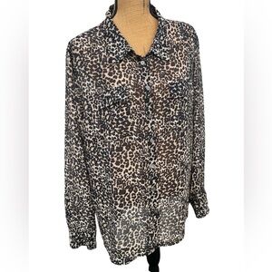 Vince Camuto Leopard Print Button Down Top Semi Sheer Animal Print Size XL